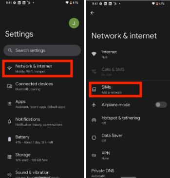 إعدادات Android - بطاقات SIM